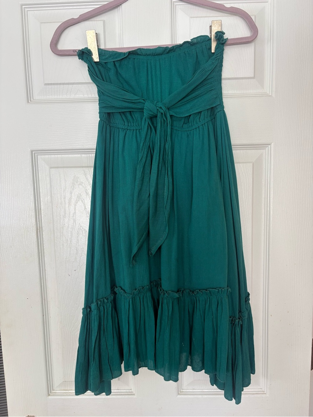 Emerald Green strapless short midi boho beach Summer dress with tie detail  Med